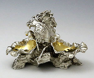 English hallmarked antique silver double salt with stag and lion fighting by Hunt and Roskell